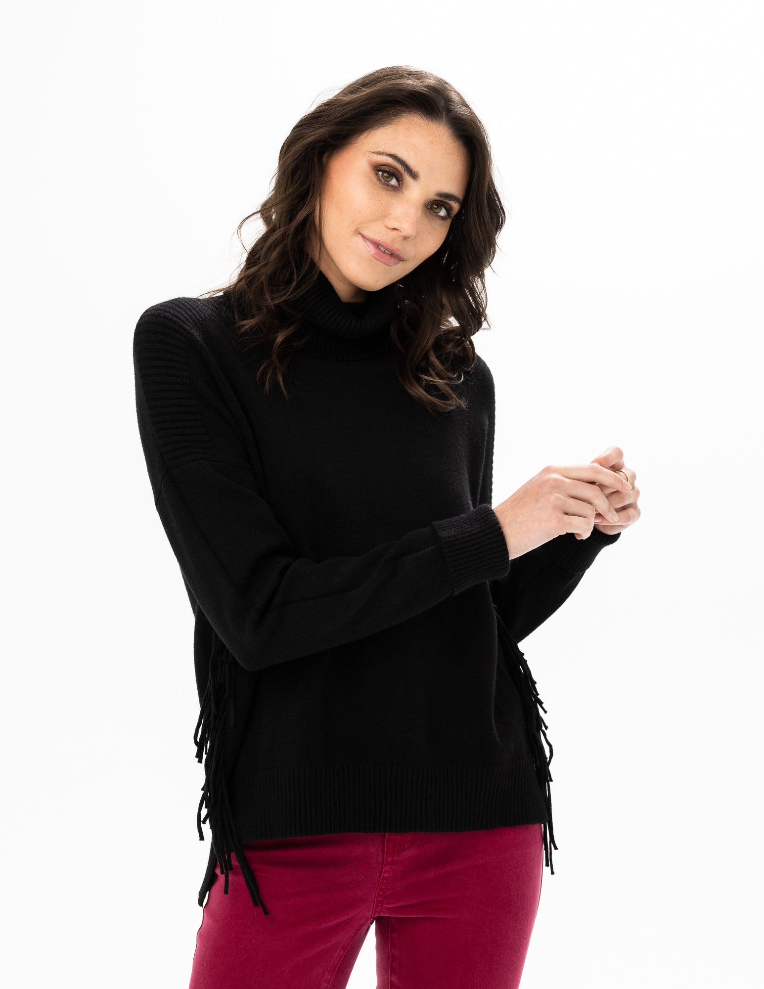Mock Neck Fringe Trim Sweater