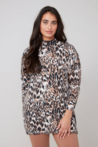 Animal Print Knit Mock-Neck Sweater