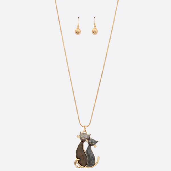 Double Cat Pendant Long Necklace