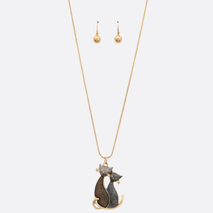 Double Cat Pendant Long Necklace