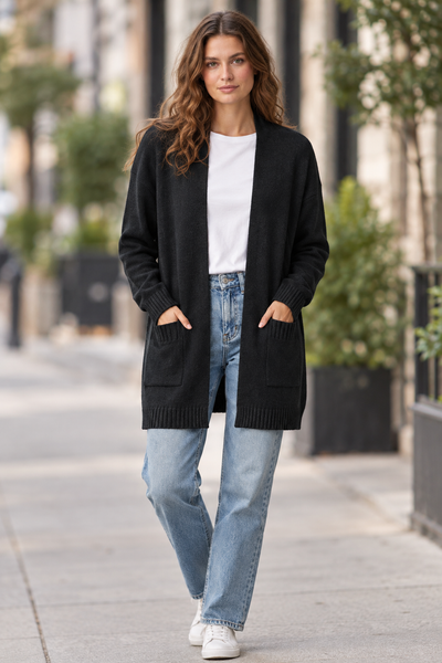 Black cardigan on a female model