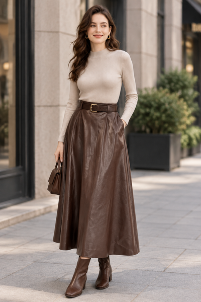 Brown belted vegan leather skirt on a female model