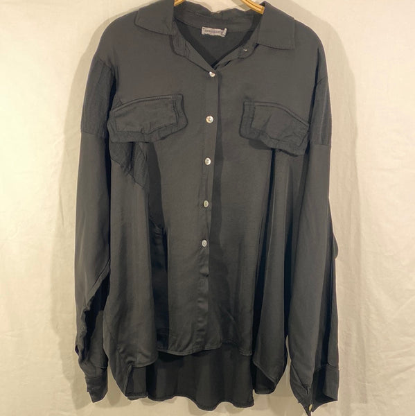 Bat Sleeve Stripe Pocket Sateen Blouse  - Italian