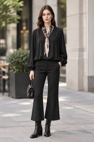 Female model wearing a black long sleeve V-neck top with matching scarf