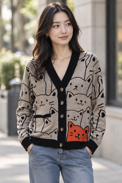 Female model wearing the taupe cat-print button-front cardigan
