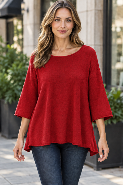 Red 3/4 sleeve sweater on female model