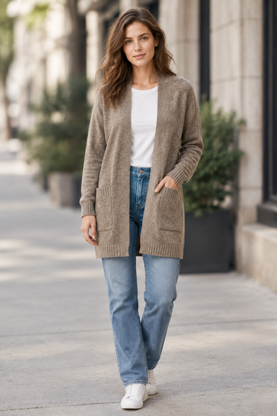 Taupe open front cardigan on female model