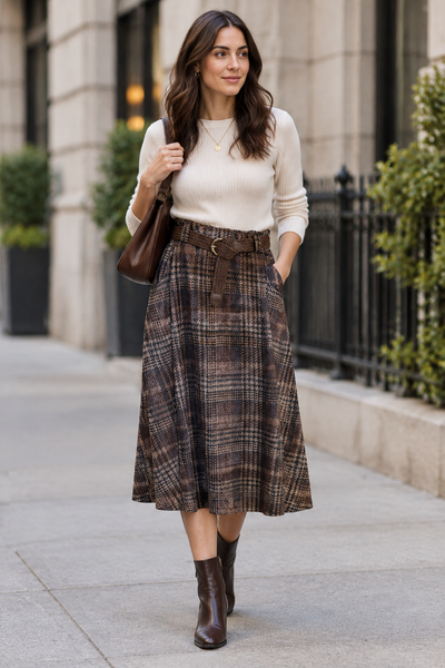Belted plaid midi skirt on a female model on a city street