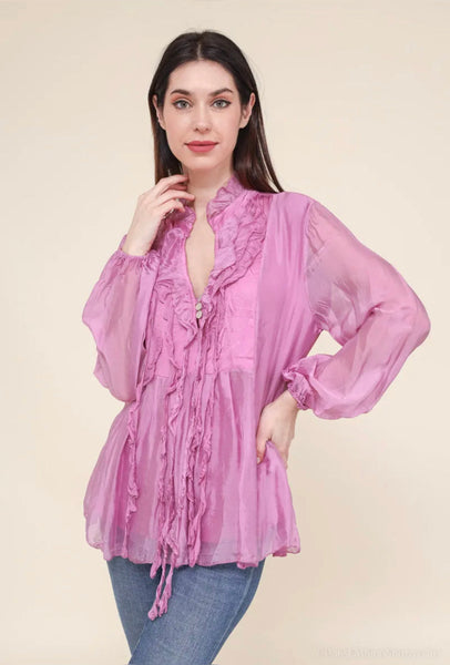 Ruffled Neck Silk Top - Italian