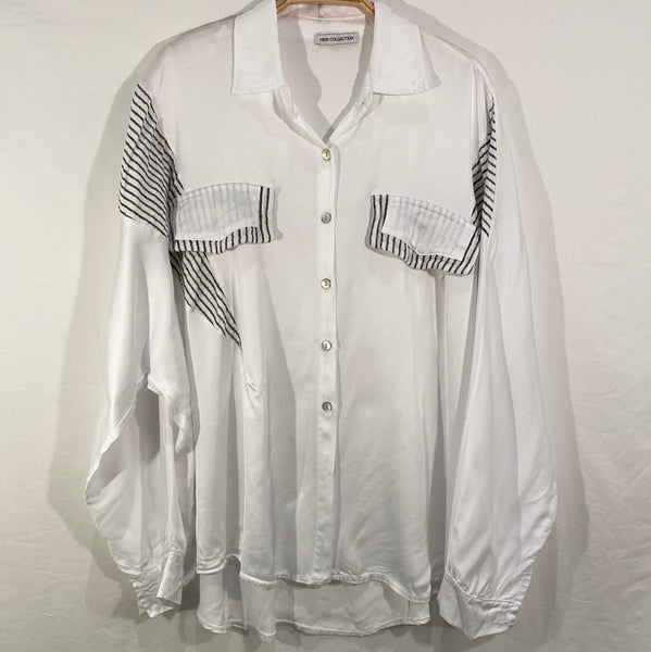 Bat Sleeve Stripe Pocket Sateen Blouse  - Italian