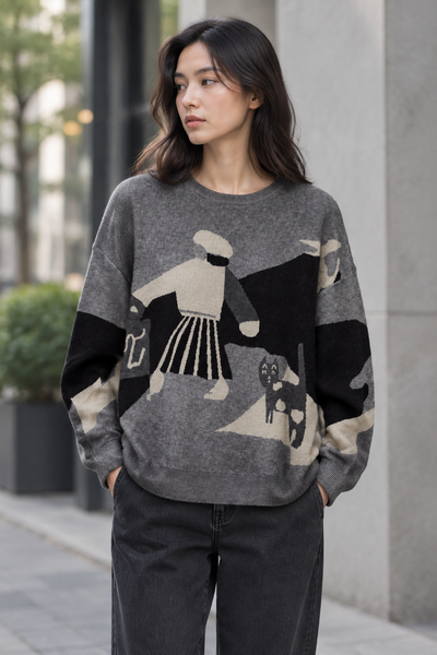 Female model wearing the charcoal long-sleeve print sweater