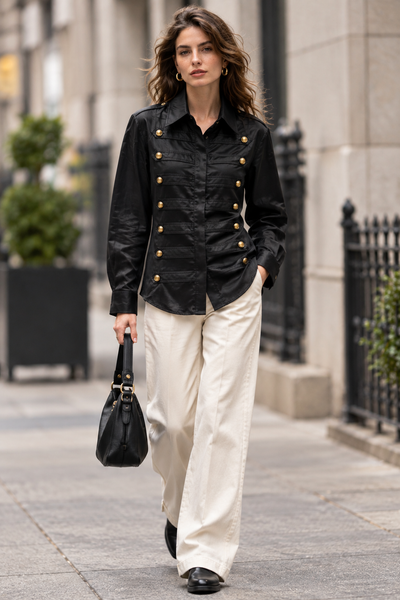 Female model wearing the black military style button down shirt on a city street
