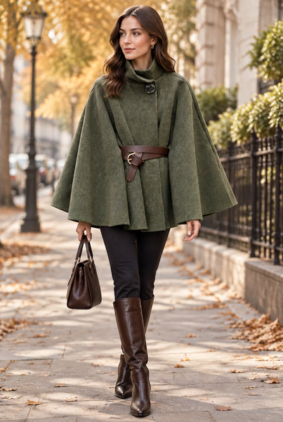 Short khaki belted cape on a model
