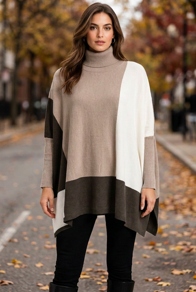 Turtle Neck Color Block Poncho Sweater