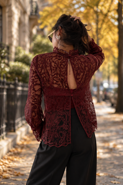 Long Sleeve Lace Blouse in bordeaux, back view
