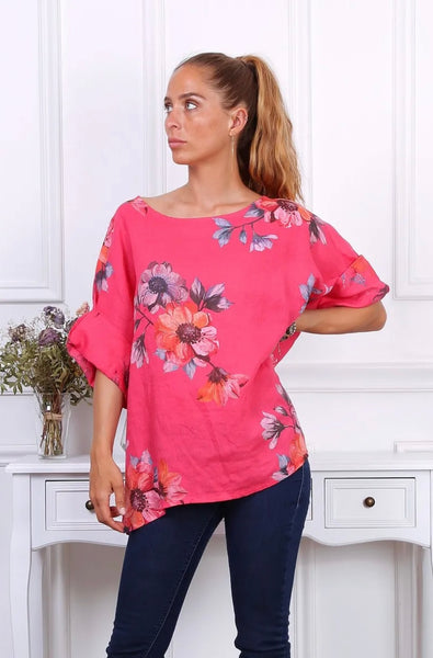 Long Sleeve Floral Print Linen Top- Italian