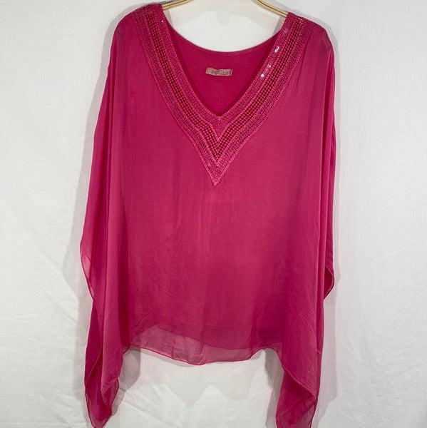 Sequin Neck Poncho Silk Top- Italian