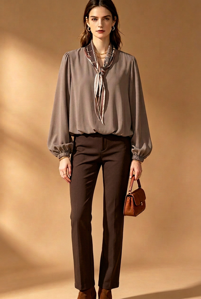 Female model wearing a taupe V-neck top with patterned scarf, chocolate brown full-length straight-leg pants and matching handbag.