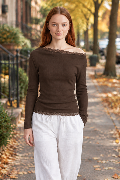 Lace Trim Light Sweater in brown