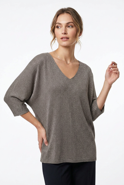 Female model wearing the taupe three-quarter sleeve V-neck lurex sweater