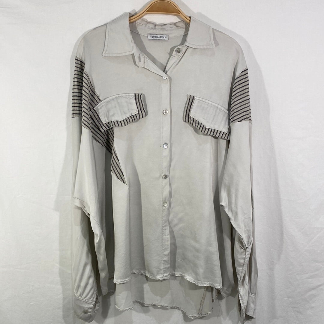 Bat Sleeve Stripe Pocket Sateen Blouse  - Italian