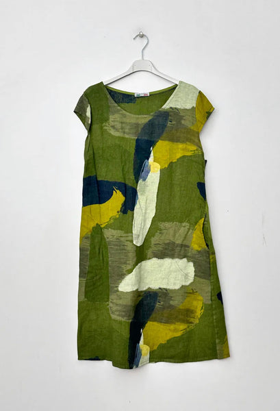 Cap Sleeve Abstract Print Linen Dress - Italian