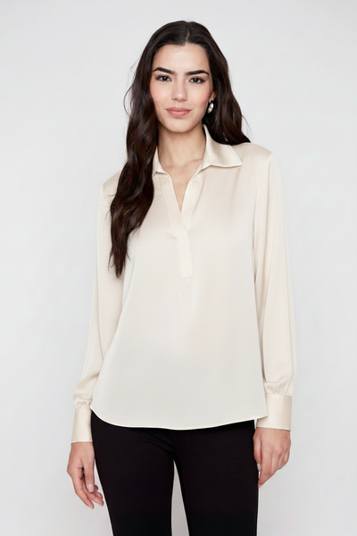 Model wearing the Long Sleeve Sateen Blouse in oyster