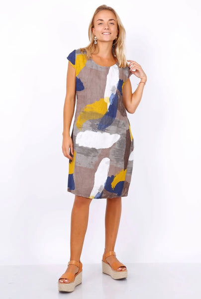 Cap Sleeve Abstract Print Linen Dress - Italian