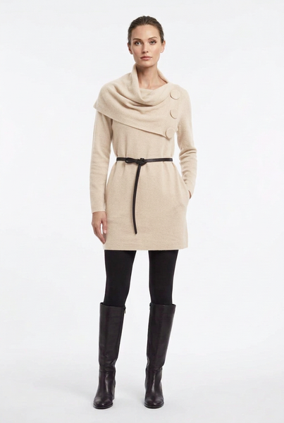 Light ivory-beige draped collar belted sweater tunic on a female model with black leggings and knee-high boots