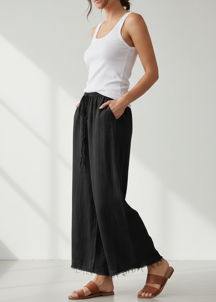 Wide Leg Fringe Linen Pants - Italian
