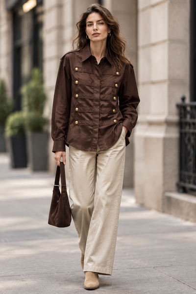 Female model wearing the chocolate brown military style button down shirt on a city street