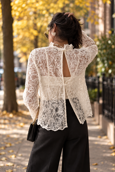Long Sleeve Lace Blouse in ivory, back view