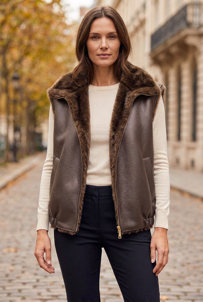 Female model wearing a brown faux leather vest with faux fur lining on an autumn city street