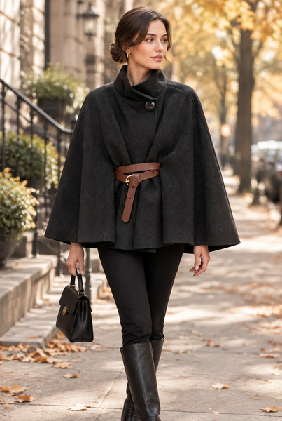 Short black belted cape on a model