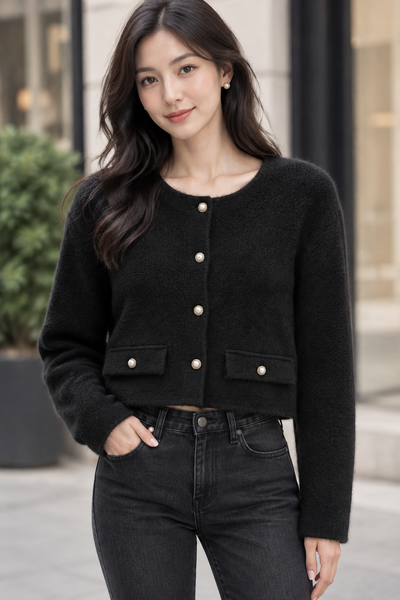 Female model wearing the black short cardigan with exactly four front buttons
