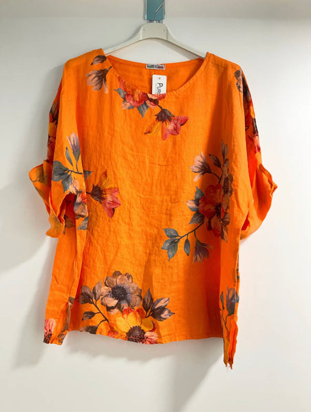 Long Sleeve Floral Print Linen Top- Italian