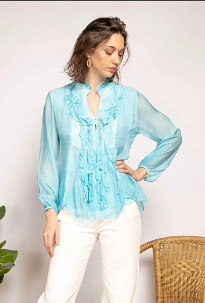 Ruffled Neck Silk Top - Italian