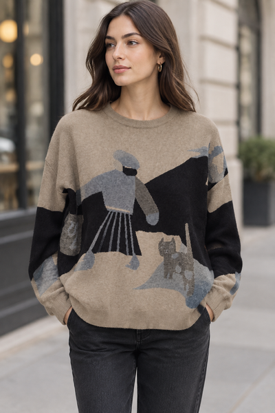 Female model wearing the taupe long-sleeve print sweater