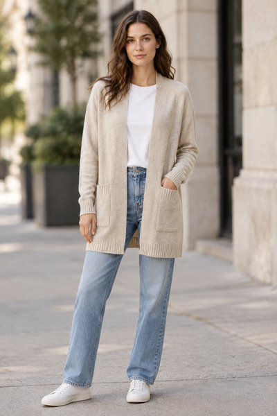 Beige open front cardigan on female model