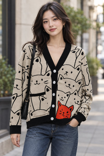 Female model wearing the beige cat-print button-front cardigan