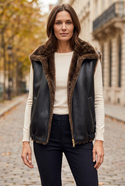 Female model wearing a black faux leather vest with brown faux fur lining on an autumn city street