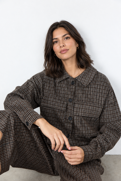 Checked jacket on new female model, fourth angle