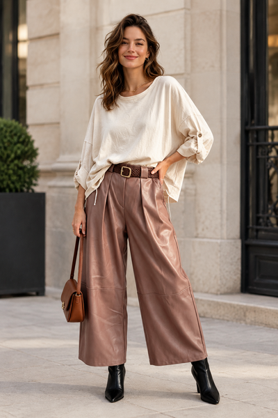 Female model wearing the camel belted vegan leather gaucho at the same style and length as the first photo