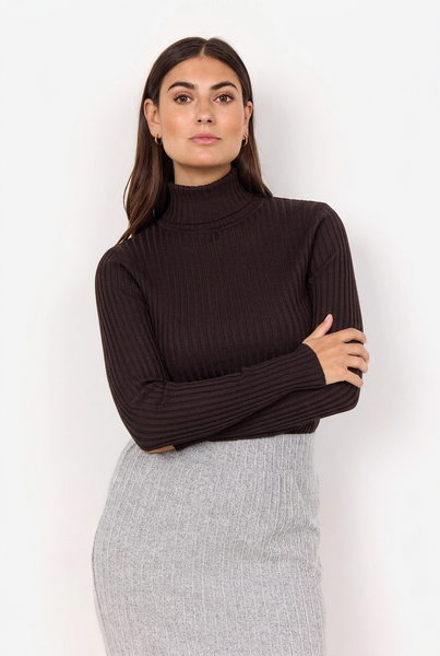 Female model wearing a chocolate-brown ribbed turtleneck sweater with a grey skirt