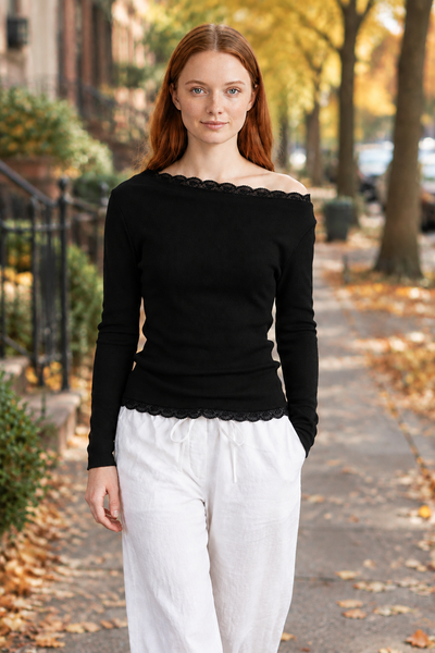 Lace Trim Light Sweater in black