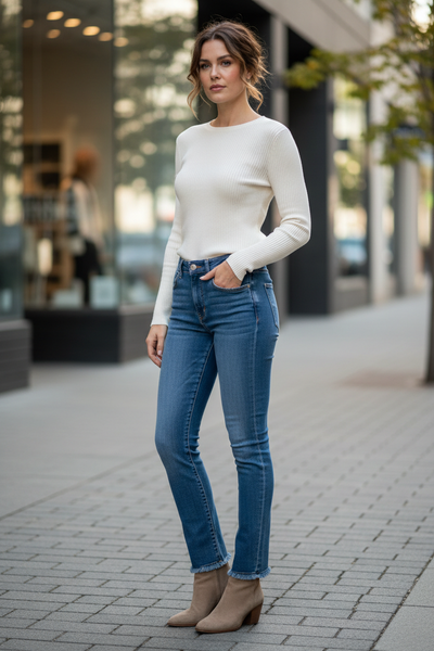 Adult female model wearing Frayed Hem Boot Cut Jeans style 8357