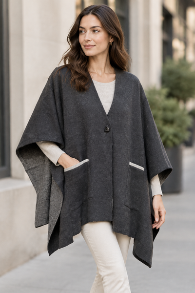 Female model wearing the pocket-front knit poncho from the first gallery photo