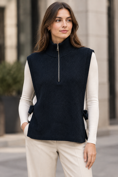 Female model wearing the navy side-open knit vest
