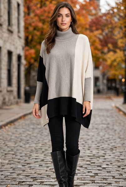 Turtle Neck Color Block Poncho Sweater
