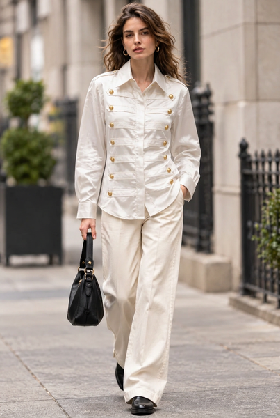 White satin military-style shirt on a model